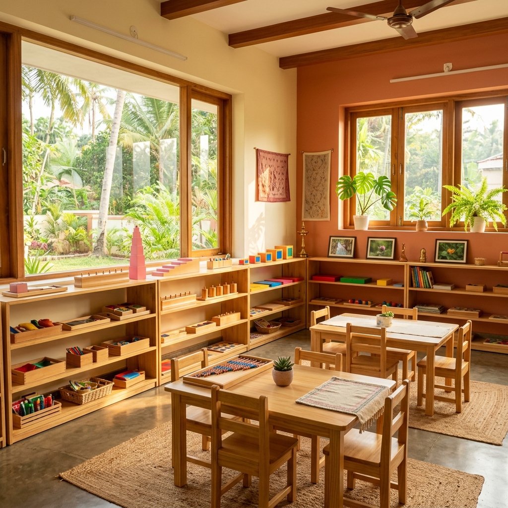 Kids playing Montessori learning tasks
